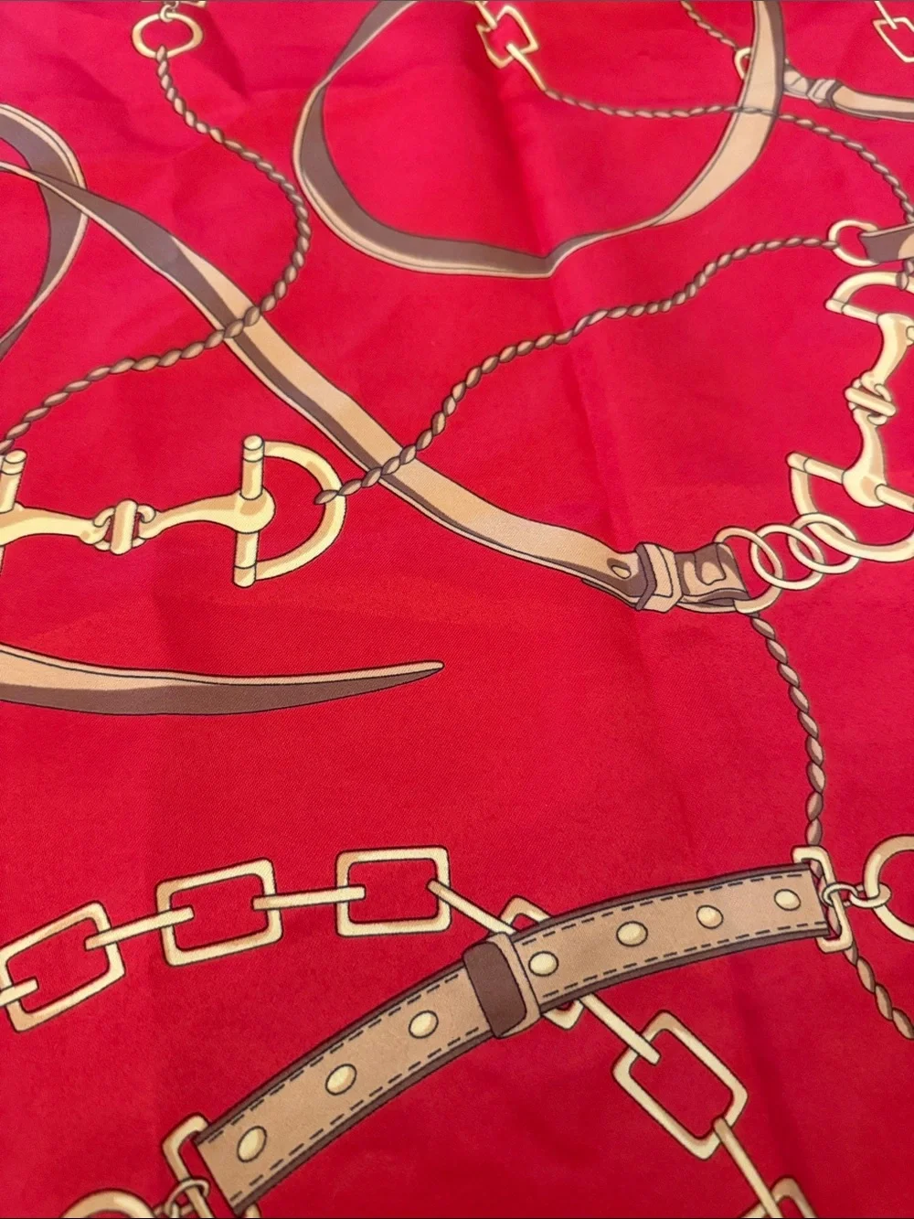 Red and Black Chain Print Silk Scarf rolled hem silk blend
